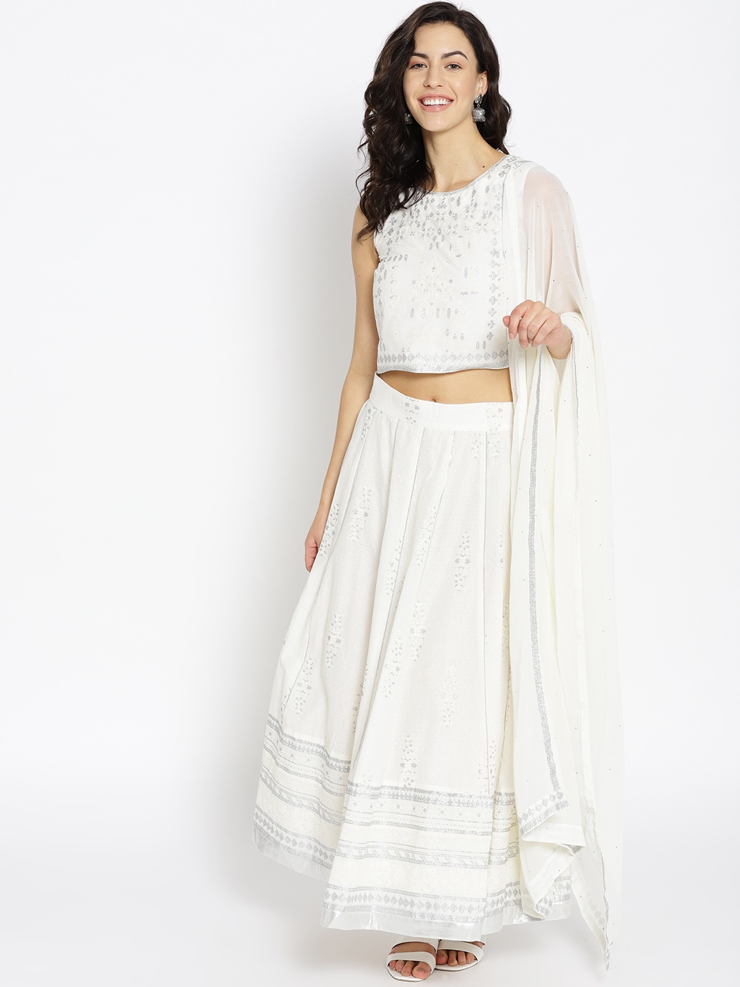 

W Off-White & Silver Printed Ready to Wear Lehenga & Blouse with Dupatta