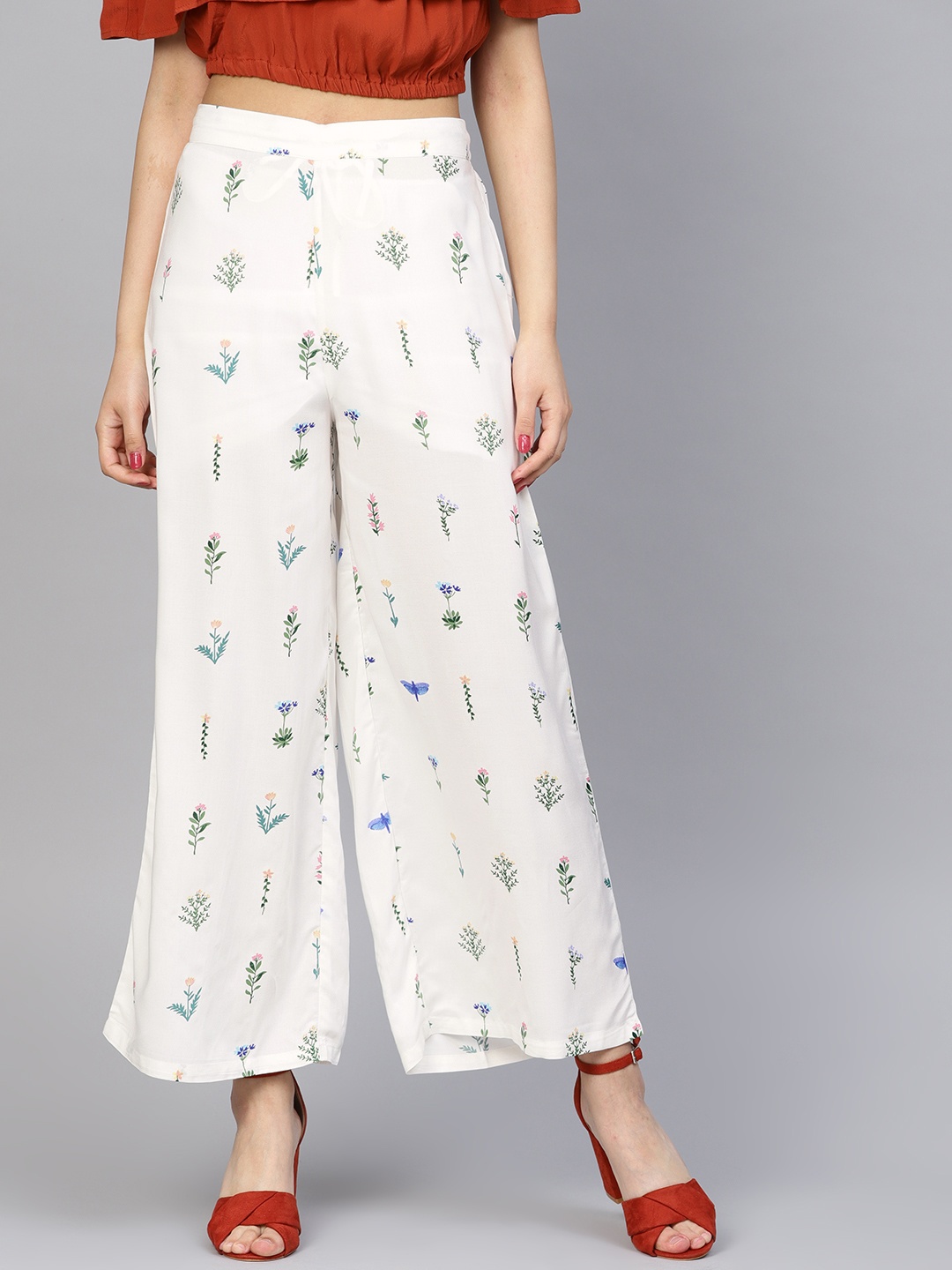 

W Women White & Green Printed Palazzos
