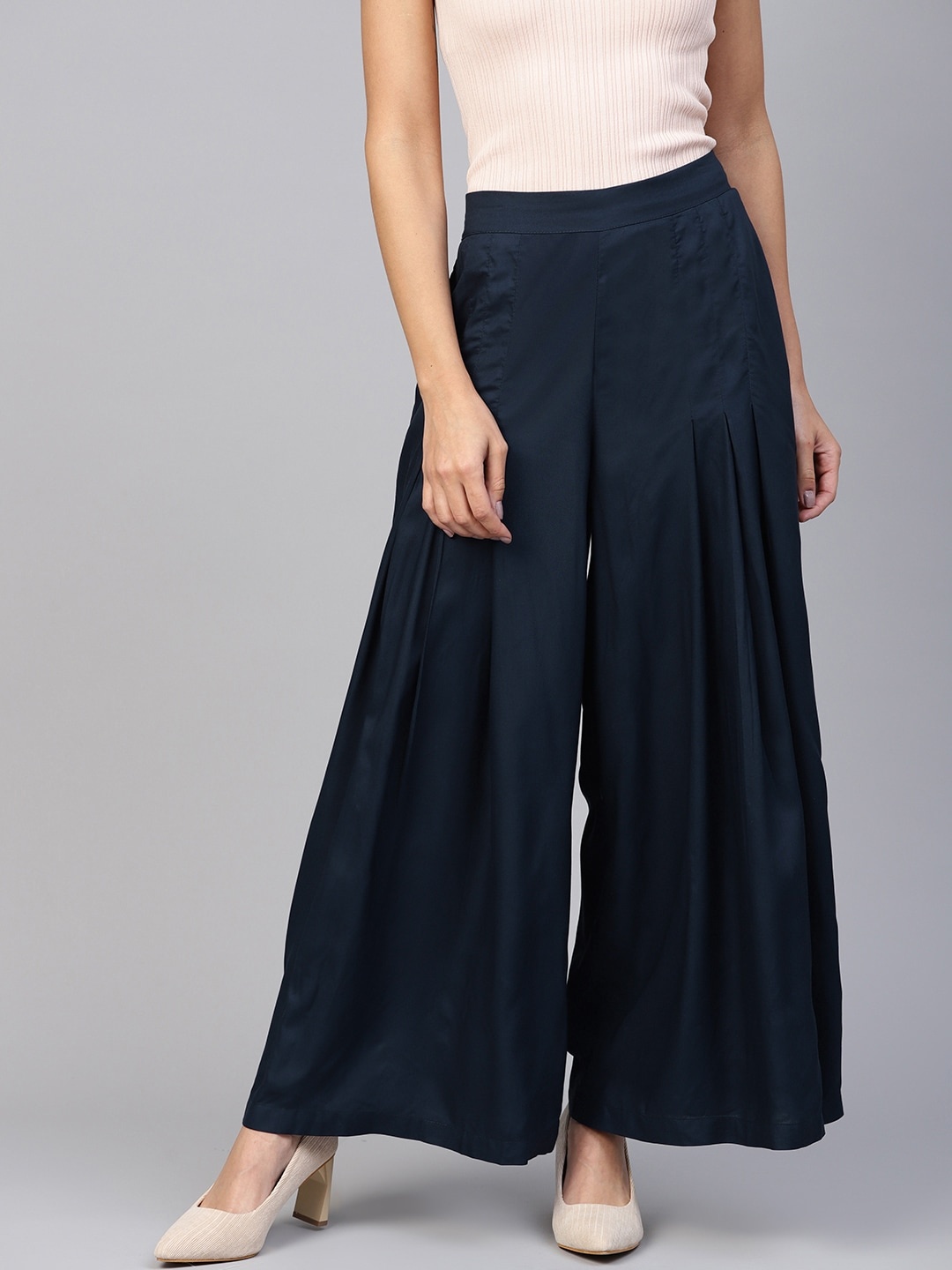 

W Women Navy Blue Solid Wide Leg Palazzos