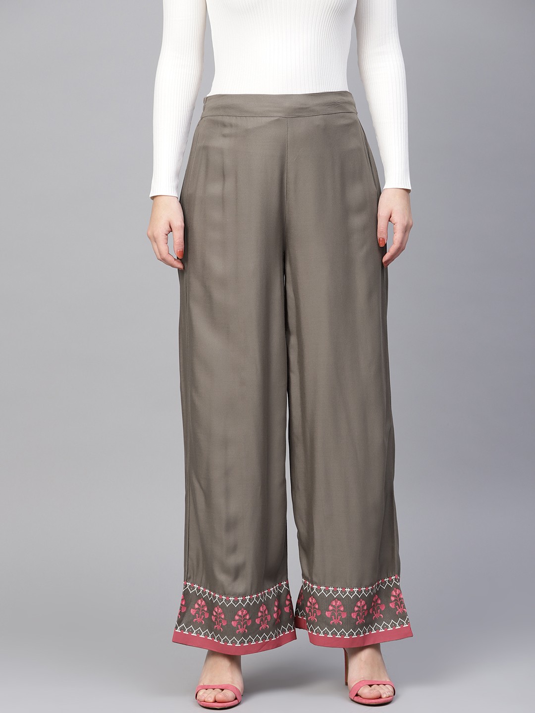 

W Women Grey & Pink Hem Design Wide Leg Palazzos