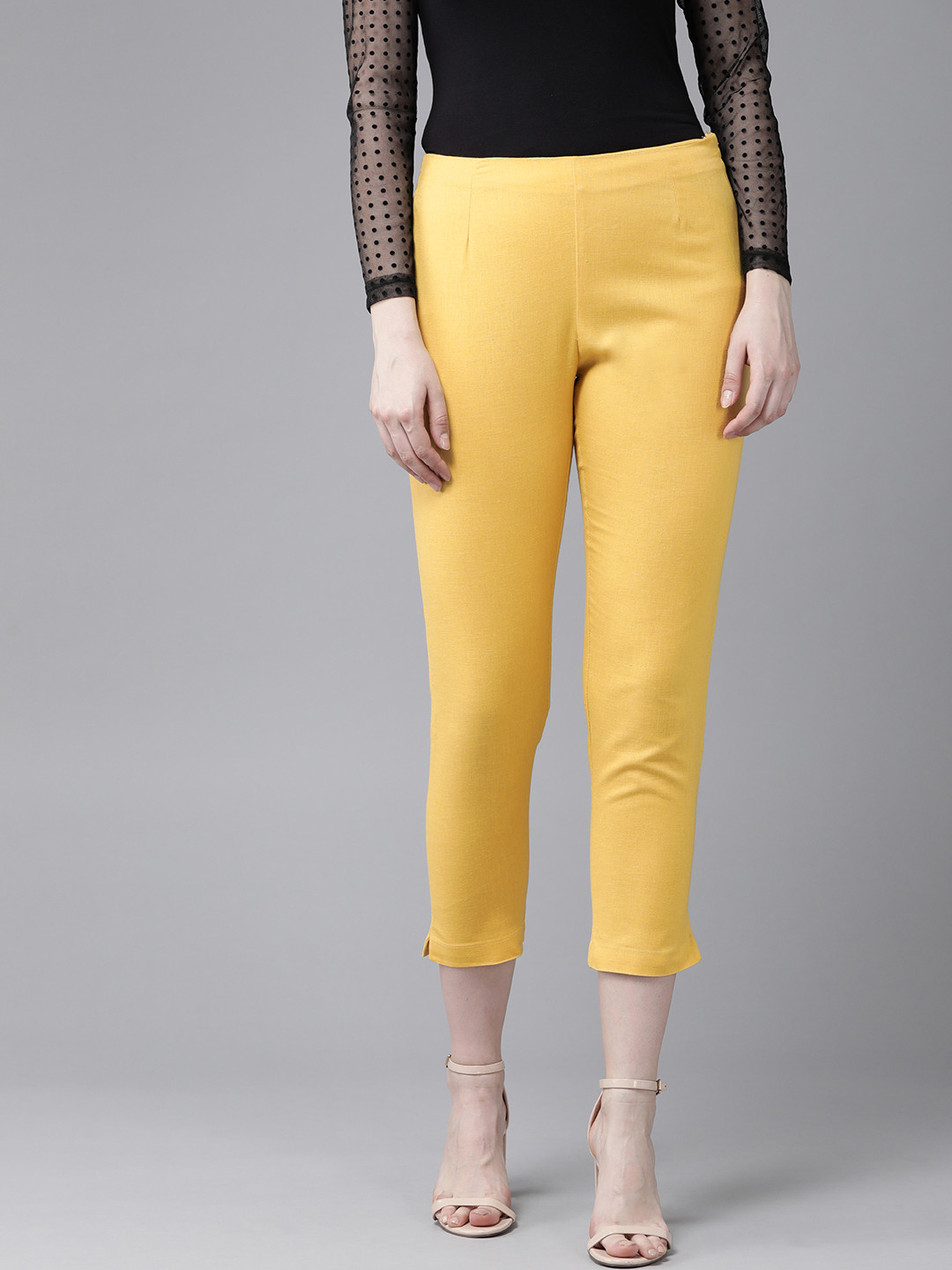 

W Women Mustard Yellow Regular Fit Solid Cropped Trousers
