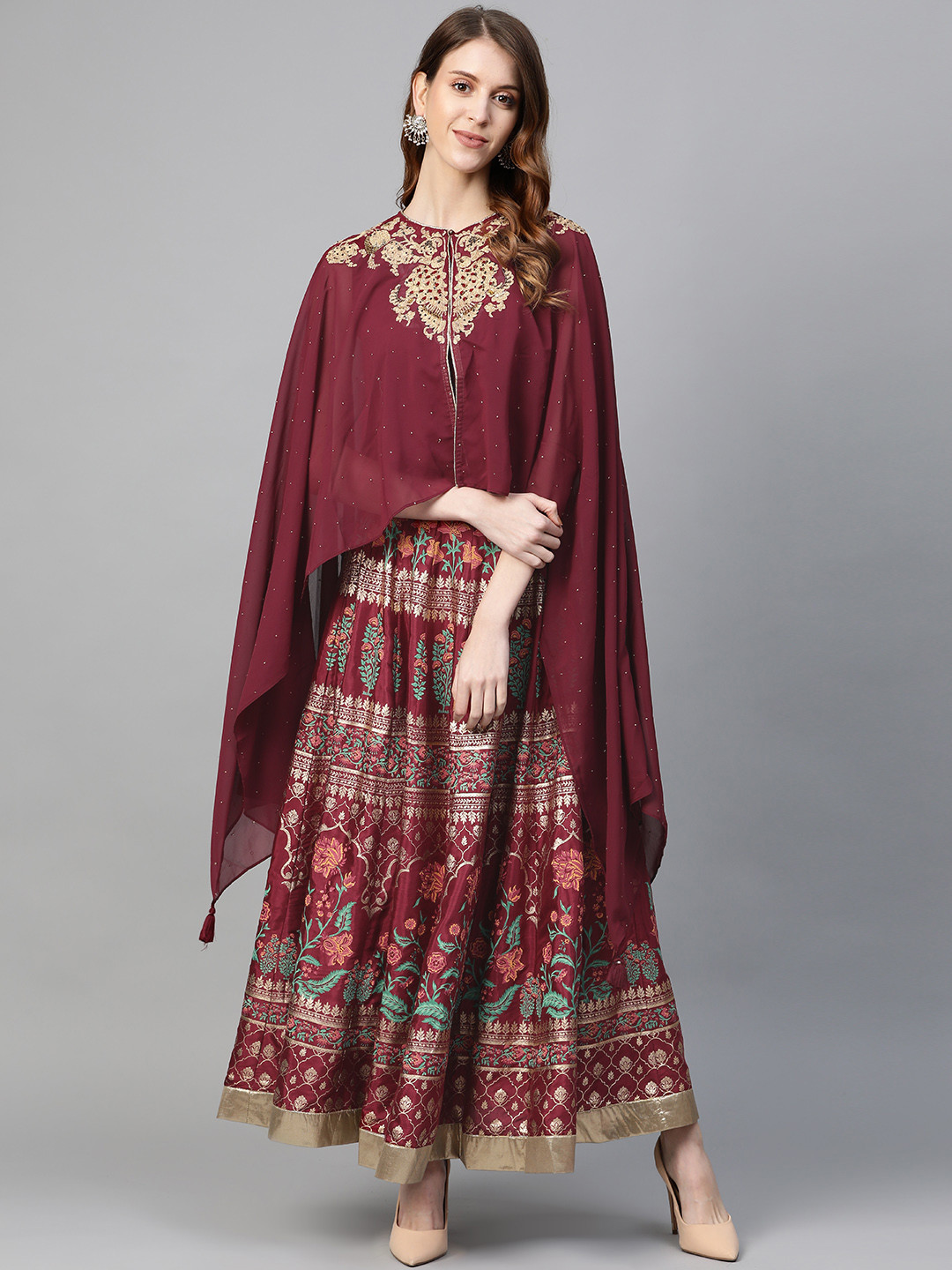 

WISHFUL by W Women Maroon & Golden Embroidered Top with Skirt