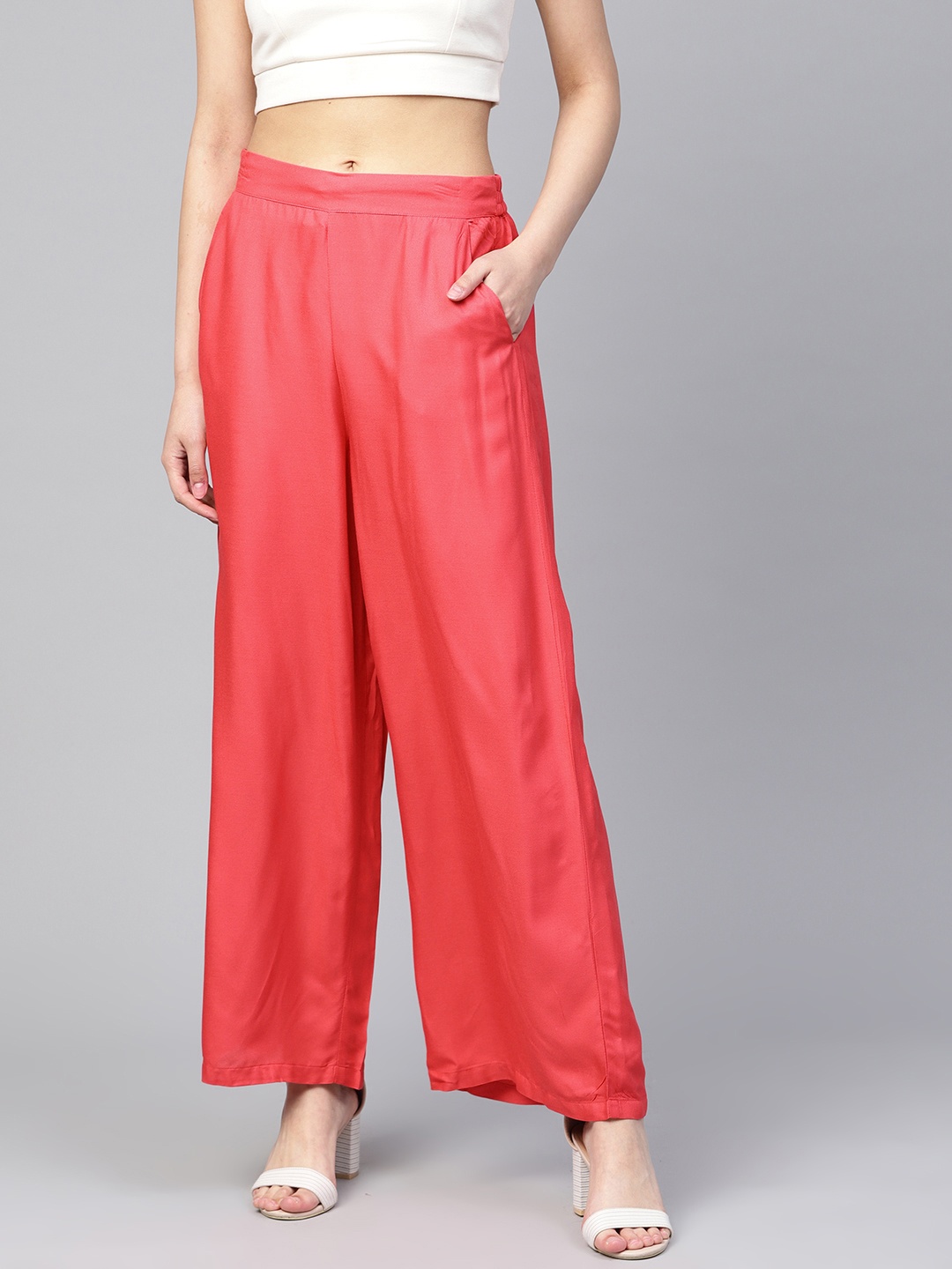 

W Women Coral Pink Solid Straight Palazzos