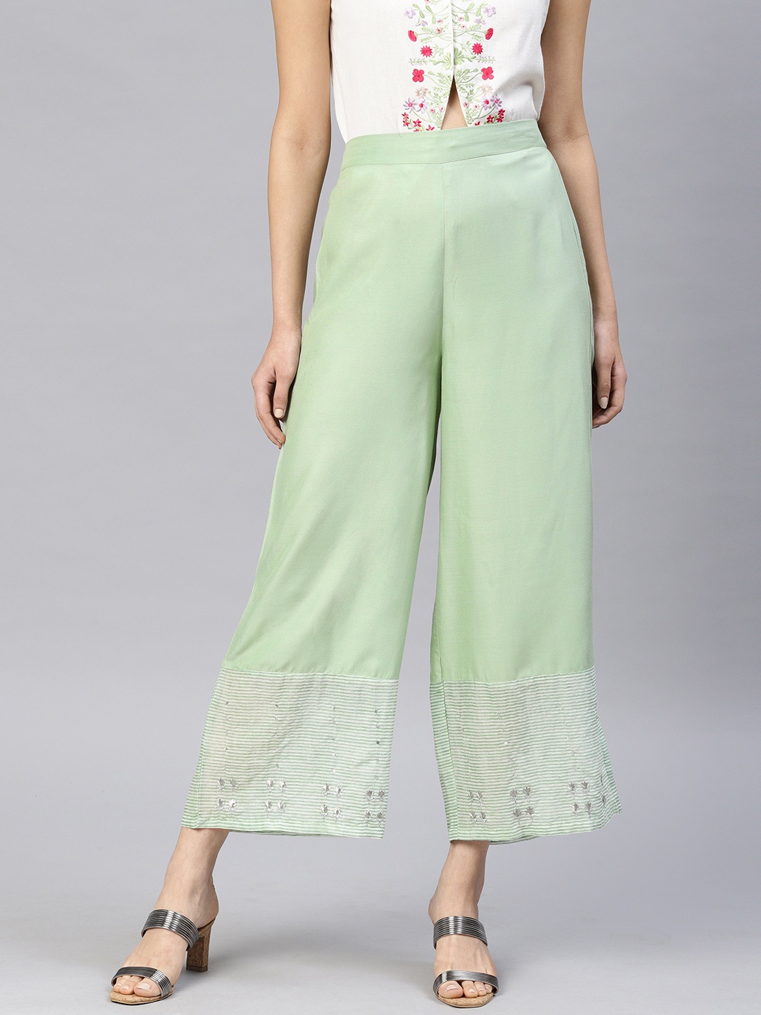 

W Women Green Hem Design Straight Palazzos