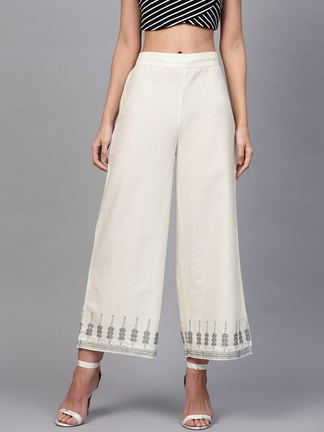 

W Women Off-White Hem Design Cropped Wide Leg Palazzos