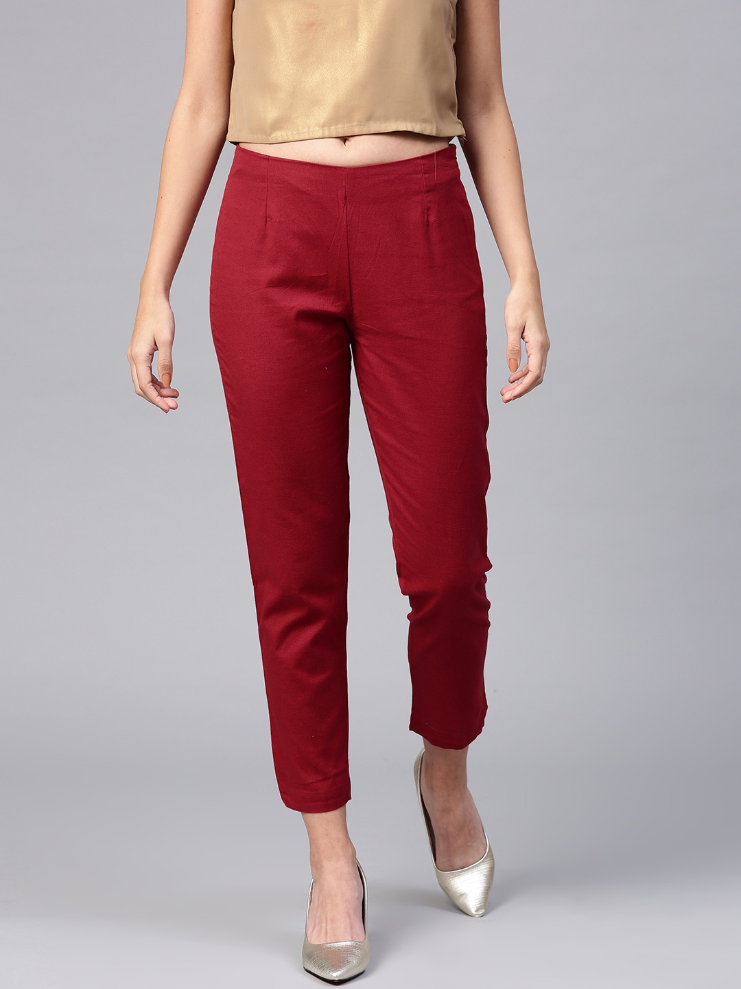 

W Women Maroon Slim Fit Cropped Cigarette Trousers