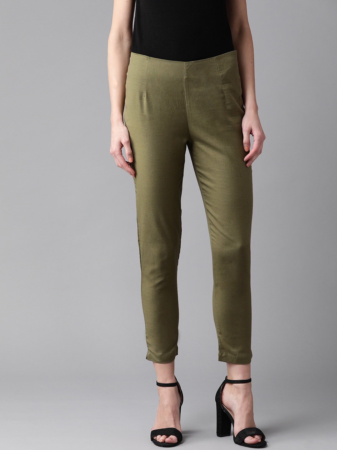 

W Women Olive Green Slim Fit Cropped Trousers
