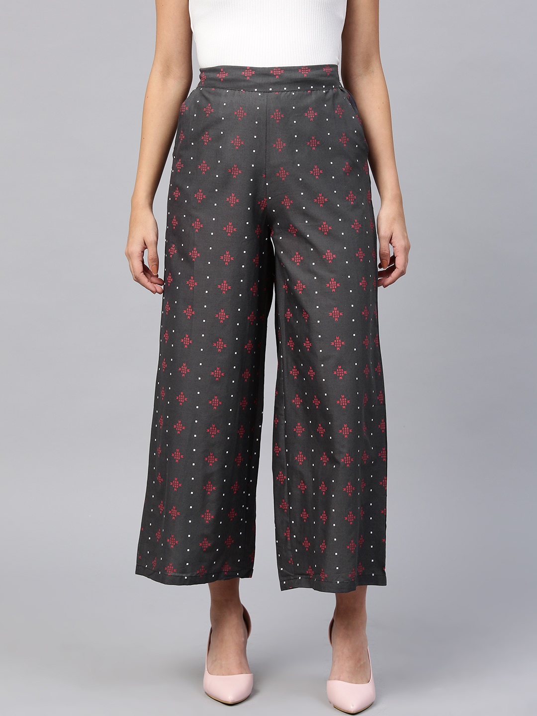 

W Women Charcoal Grey & Red Printed Wide Leg Palazzos