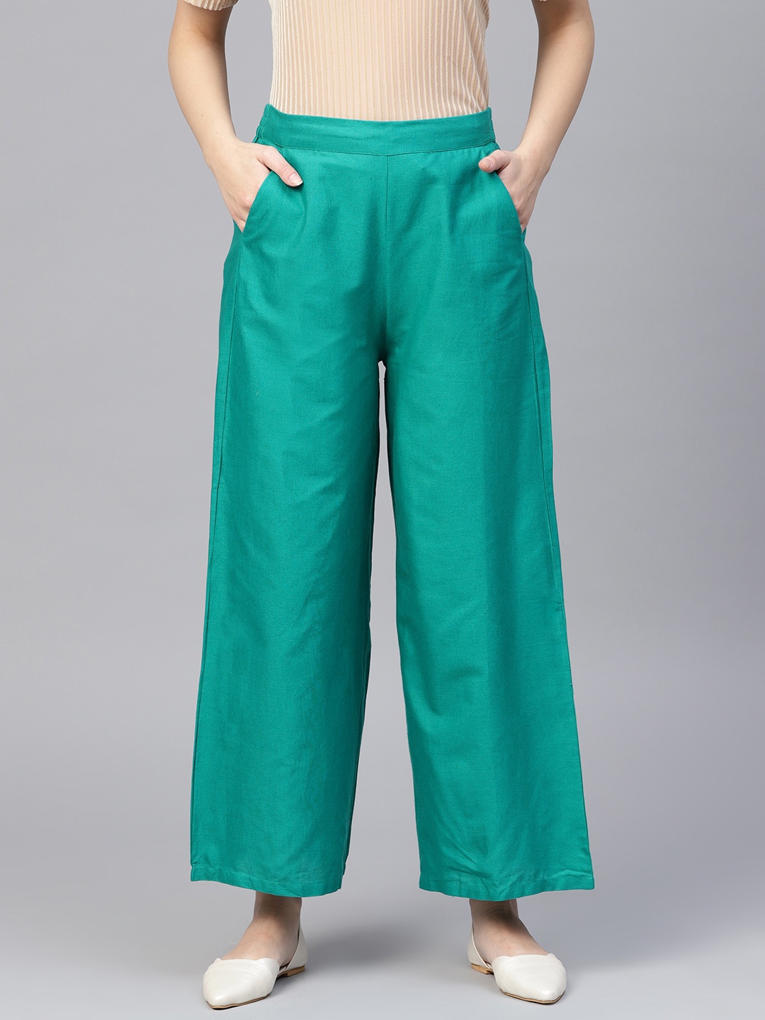 

W Women Turquoise Green Solid Wide Leg Palazzos