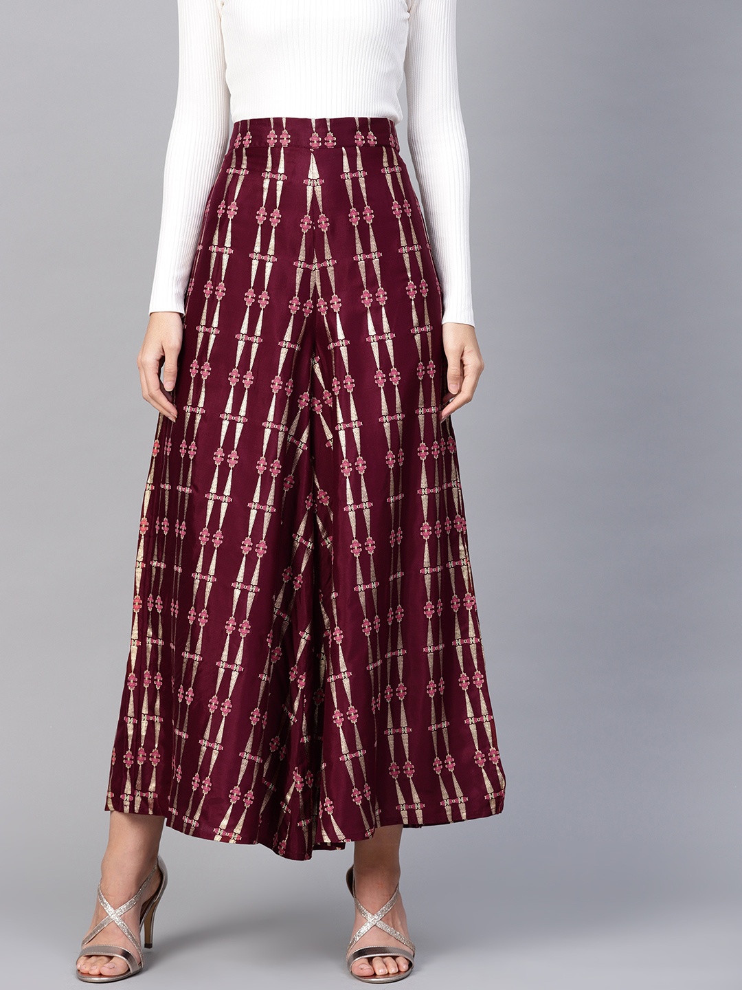 

WISHFUL by W Women Burgundy & Golden Printed Wide Leg Palazzos