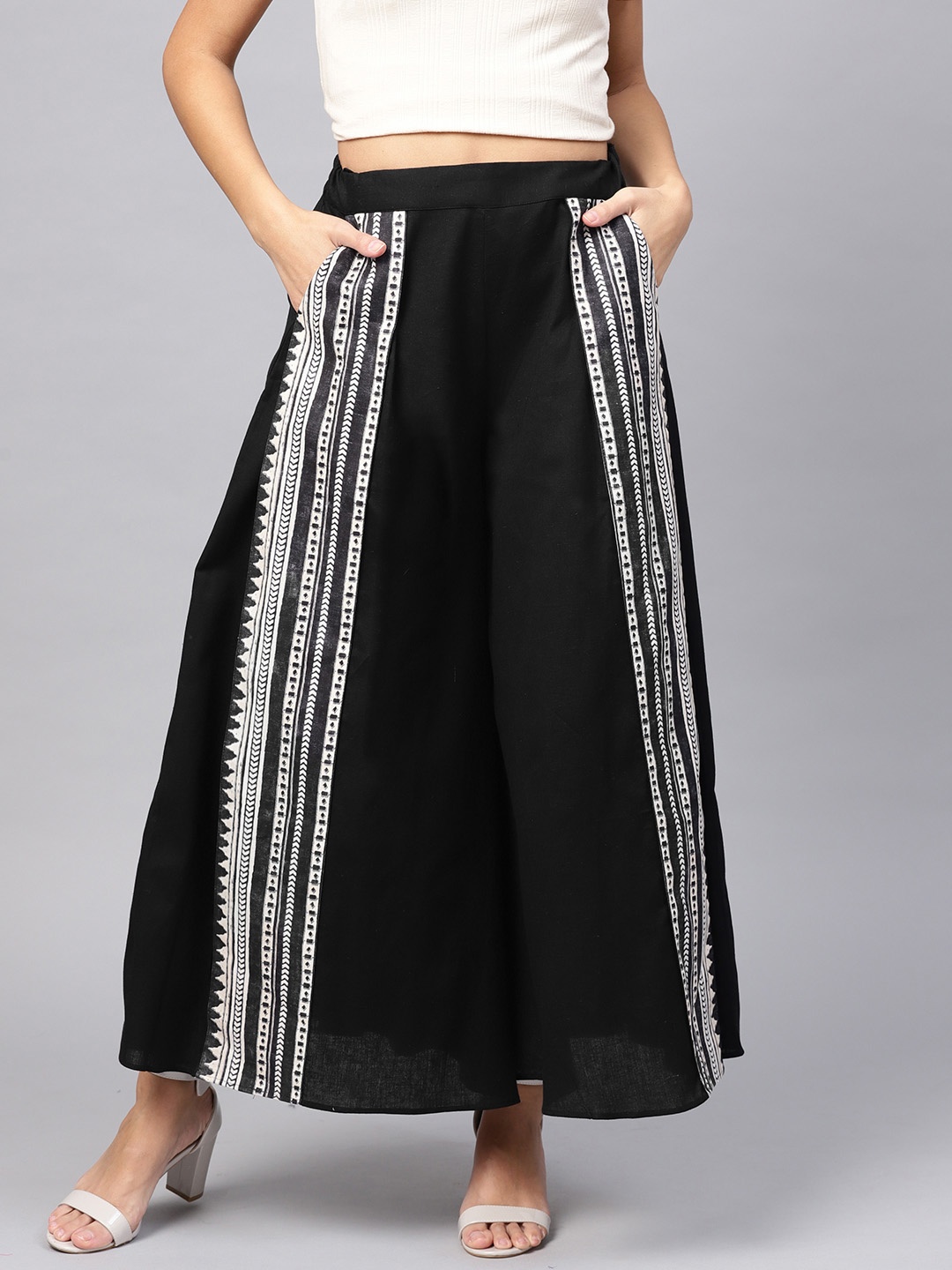 

W Women Black & White Striped Wide Leg Palazzos