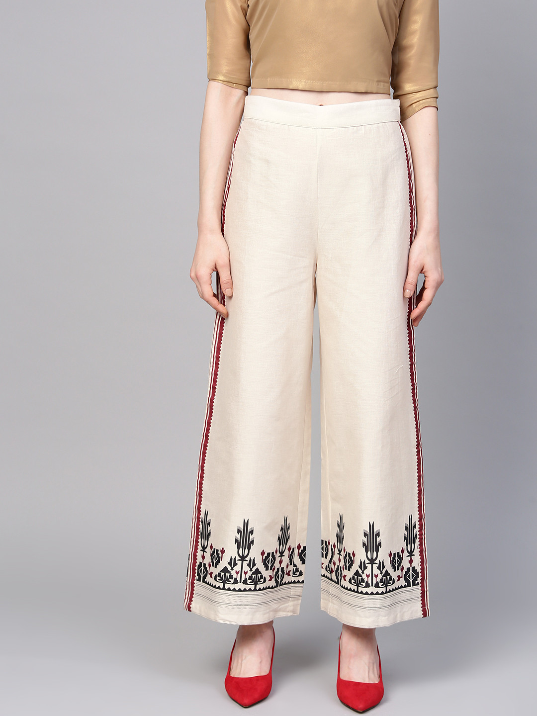 

W Women Off-White & Black Hem Design Wide Leg Palazzos
