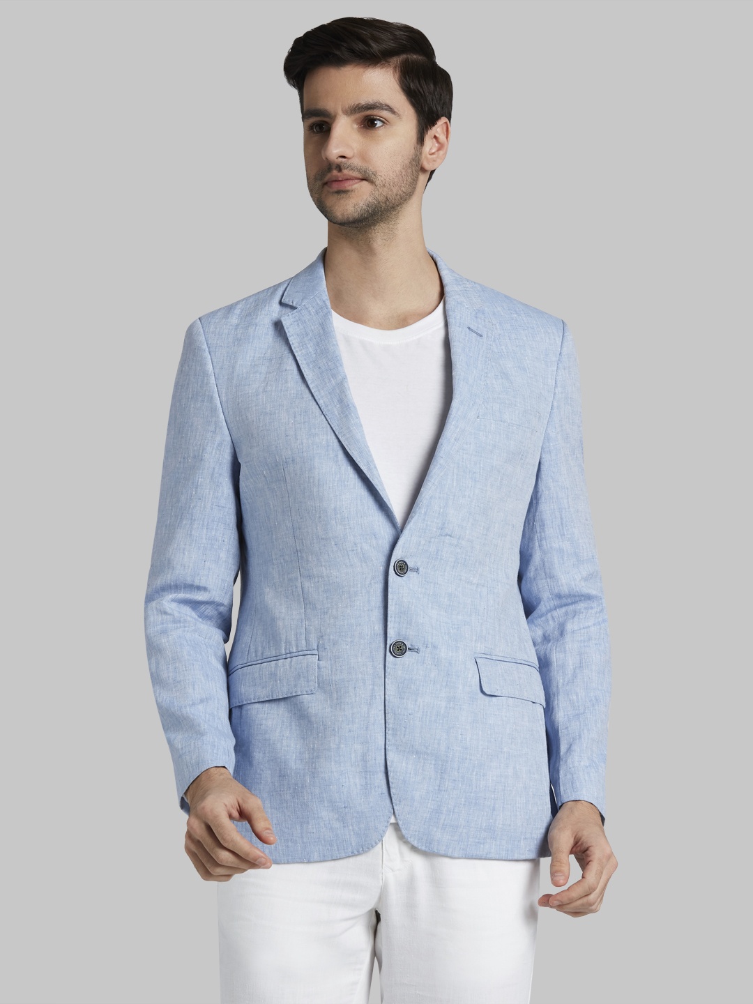 

Parx Men Blue Solid Slim-Fit Single Breasted Pure Linen Casual Blazer