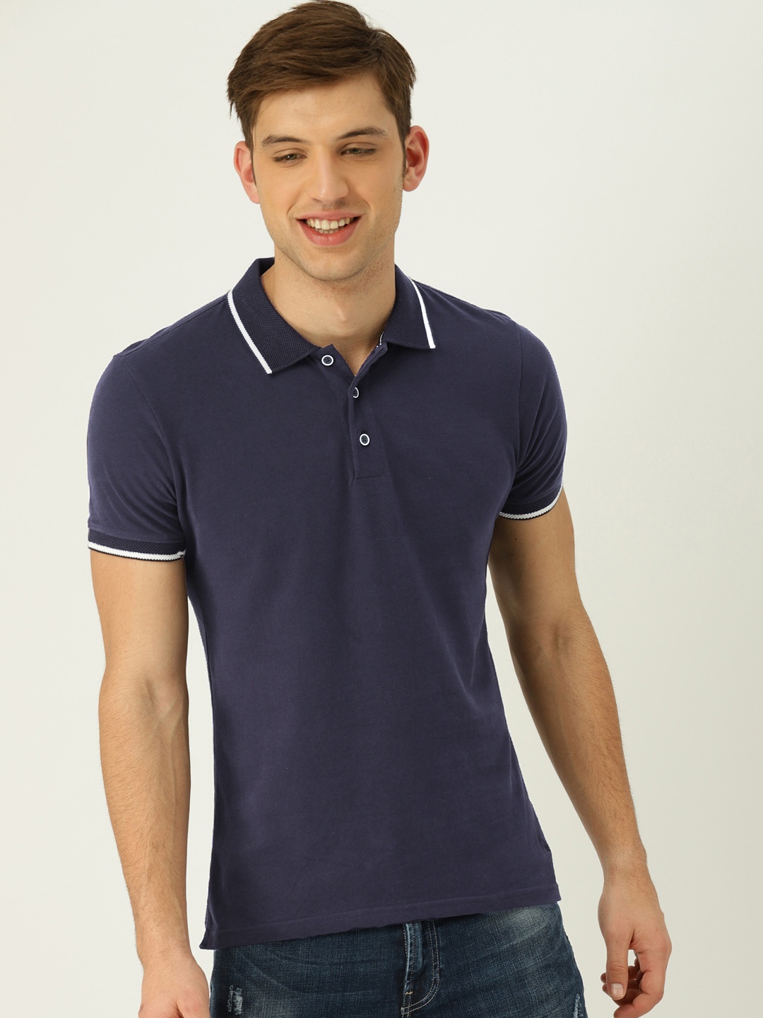 

United Colors of Benetton Men Navy Blue Solid Polo Collar Pure Cotton T-shirt
