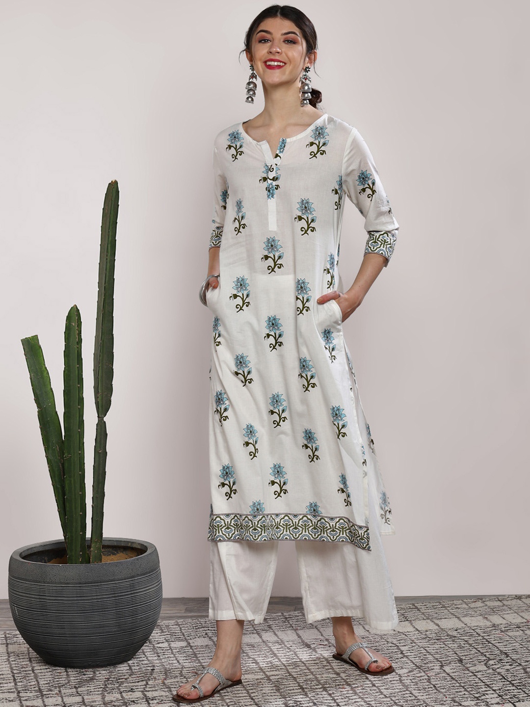 

Sangria Women Off-White & Green Printed Kurta with Palazzos & Dupatta