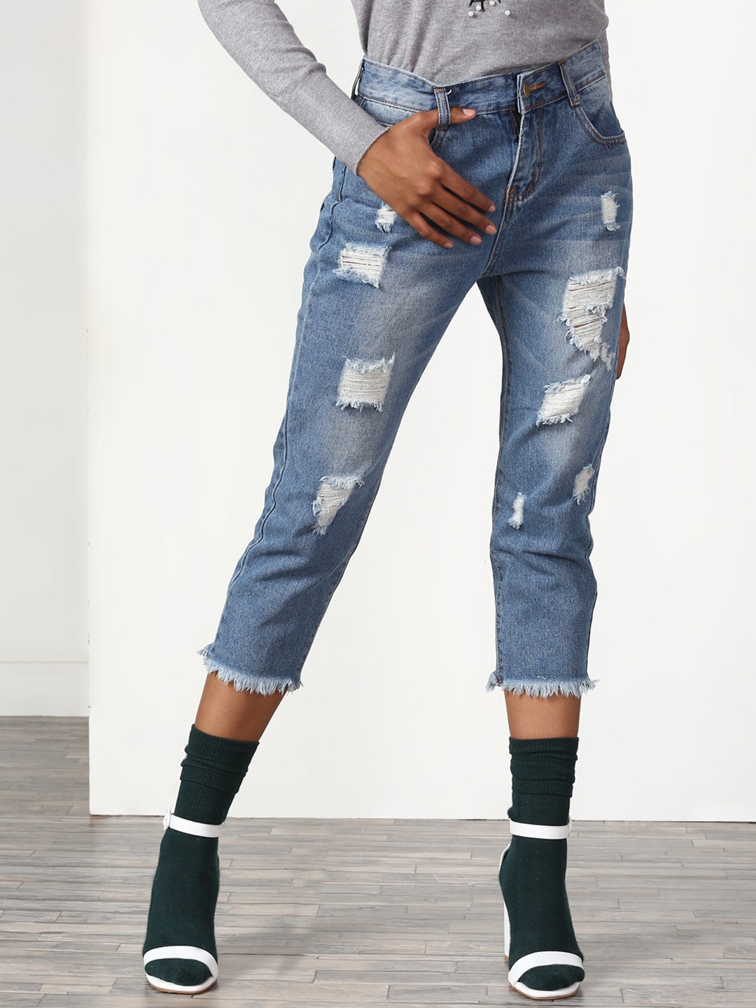 

Miss Bennett Women Blue Slim Fit Mid-Rise Highly Distressed Stretchable Jeans