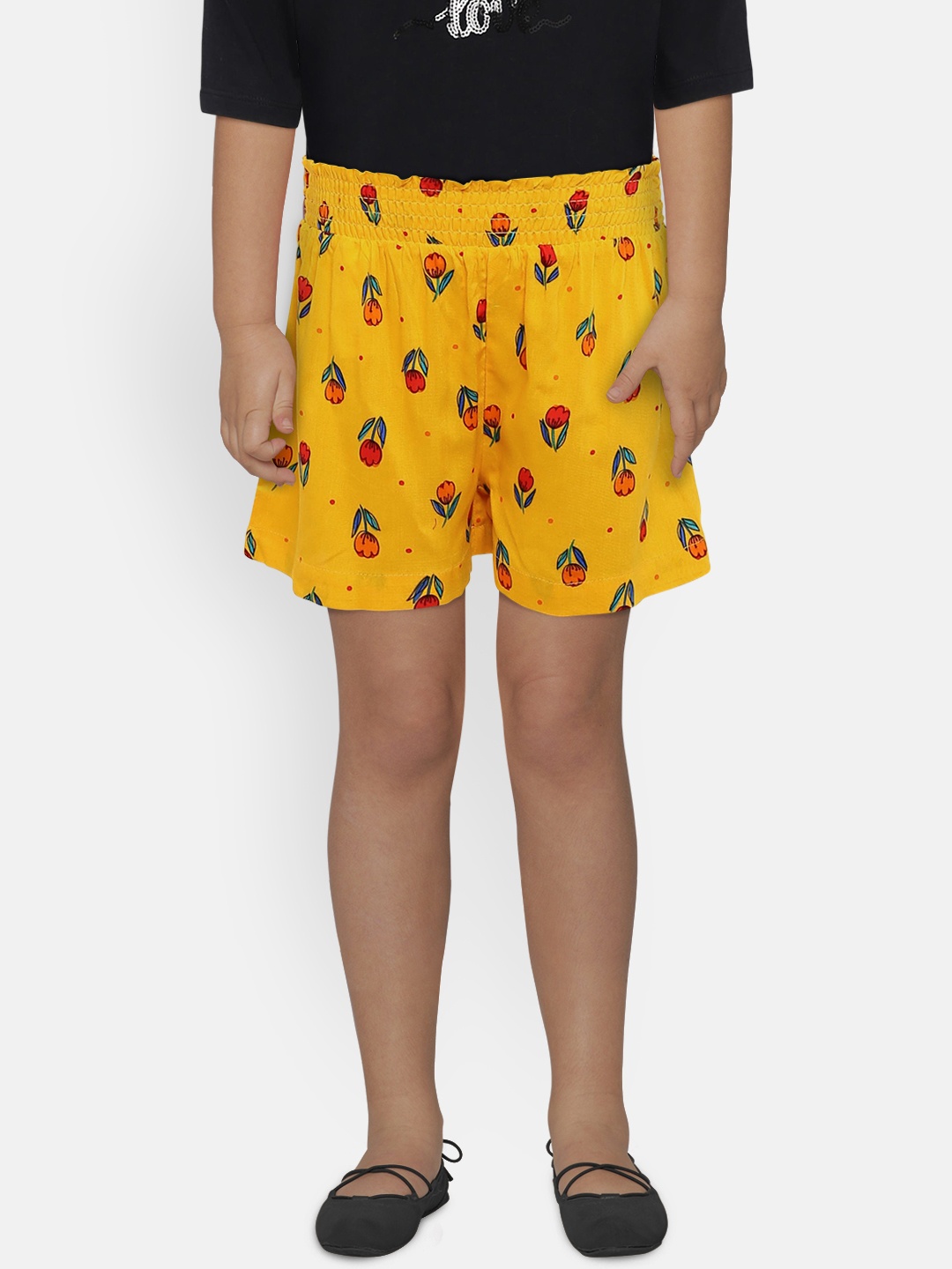 

United Colors of Benetton Girls Mustard Yellow Printed Regular Shorts