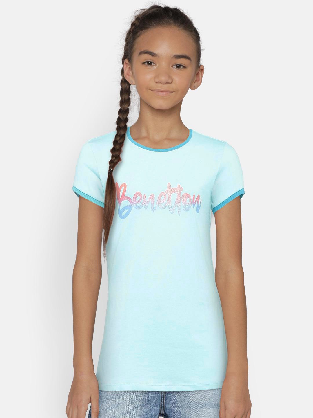 

United Colors of Benetton Girls Blue Printed Round Neck T-shirt