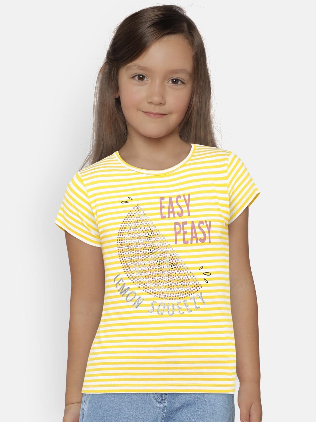 

United Colors of Benetton Girls Yellow Striped Round Neck T-shirt