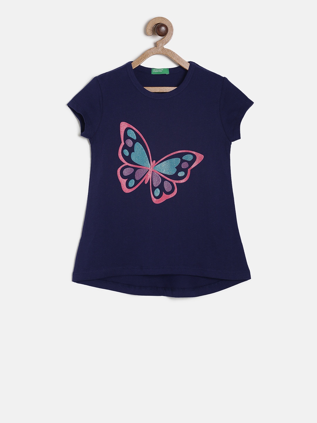 

United Colors of Benetton Girls Navy Blue Printed Round Neck Pure Cotton T-shirt