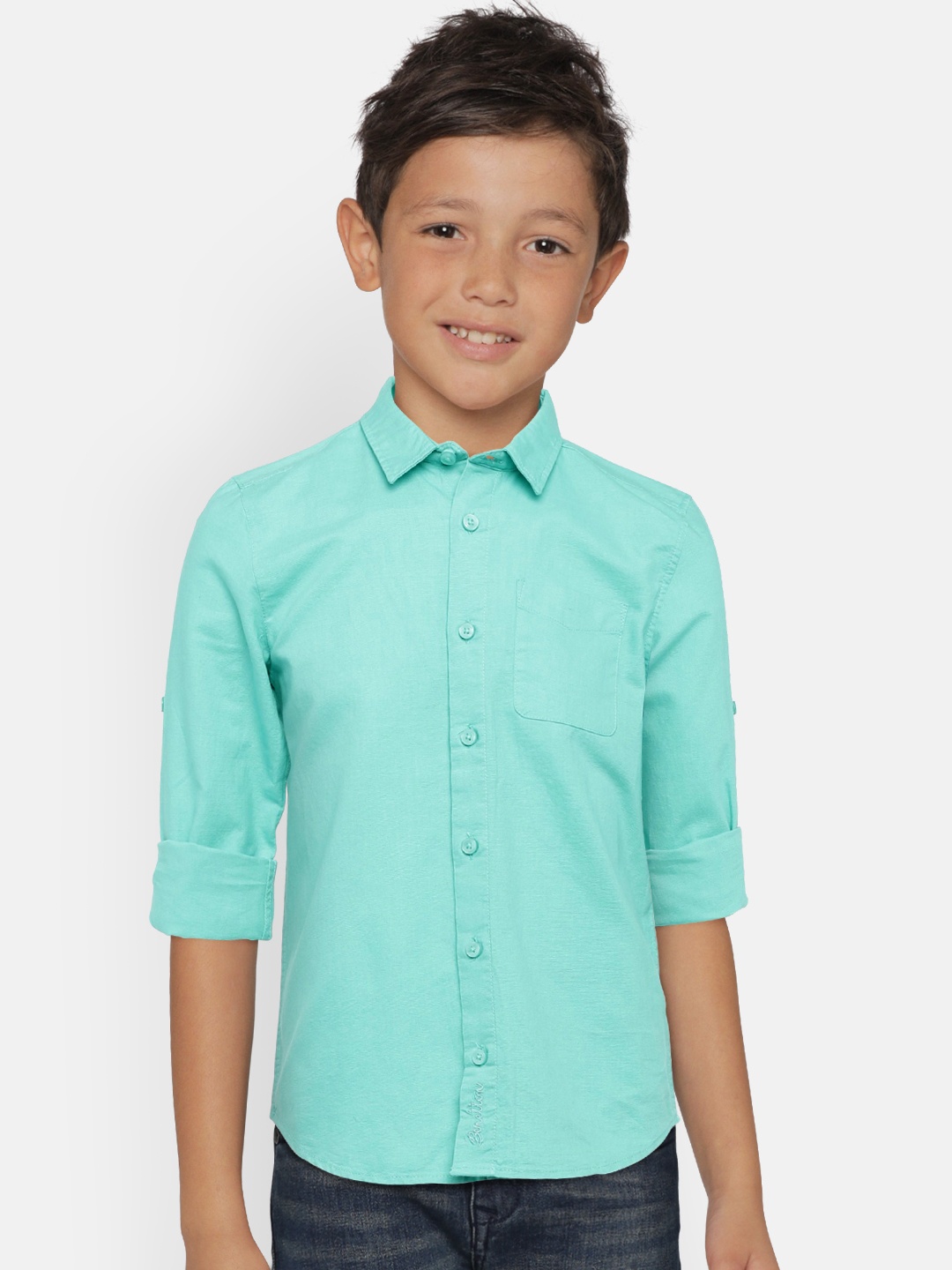 

United Colors of Benetton Boys Turquoise Blue Regular Fit Solid Casual Shirt