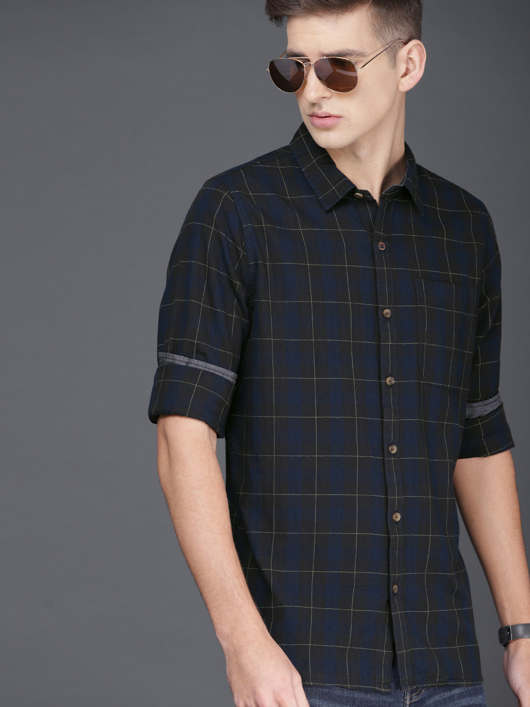 

WROGN Men Black & Yellow Slim Fit Checked Casual Shirt