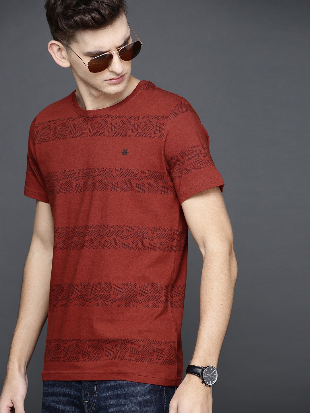 

WROGN Men Rust Striped Round Neck T-shirt