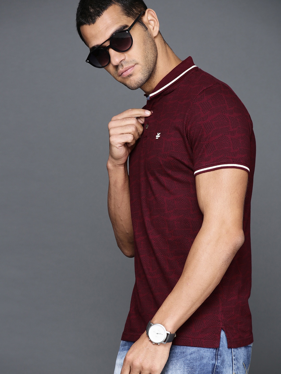 

WROGN Men Maroon Slim Fit Printed Polo Collar Pure Cotton T-shirt