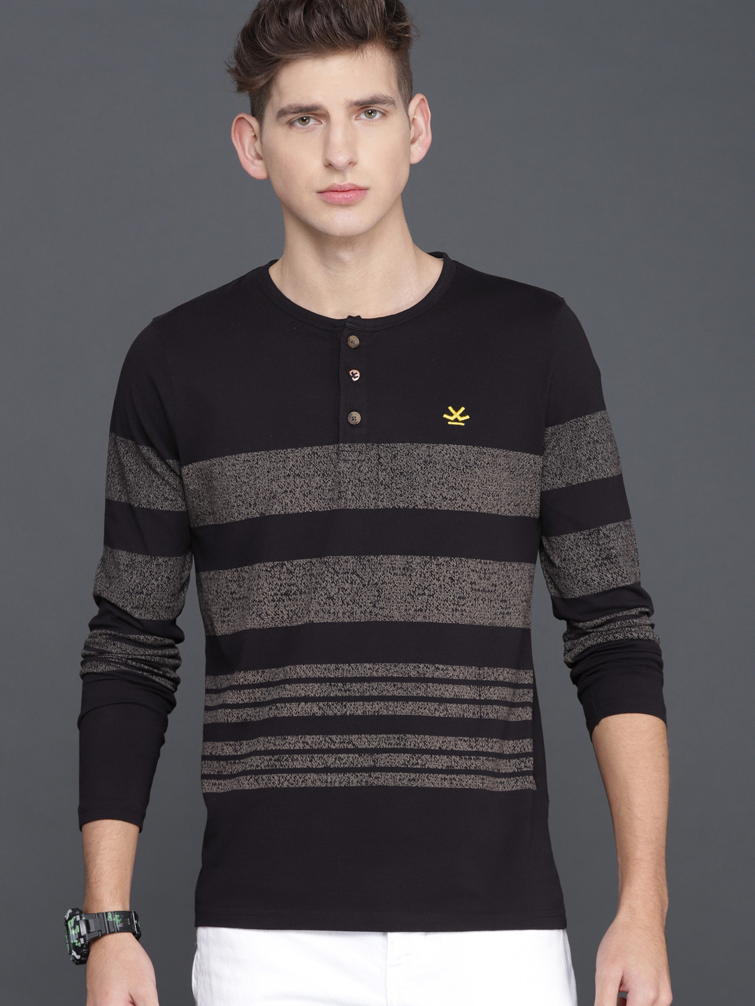 

WROGN Men Black Grey Striped Henley Neck Slim Fit Pure Cotton T-shirt