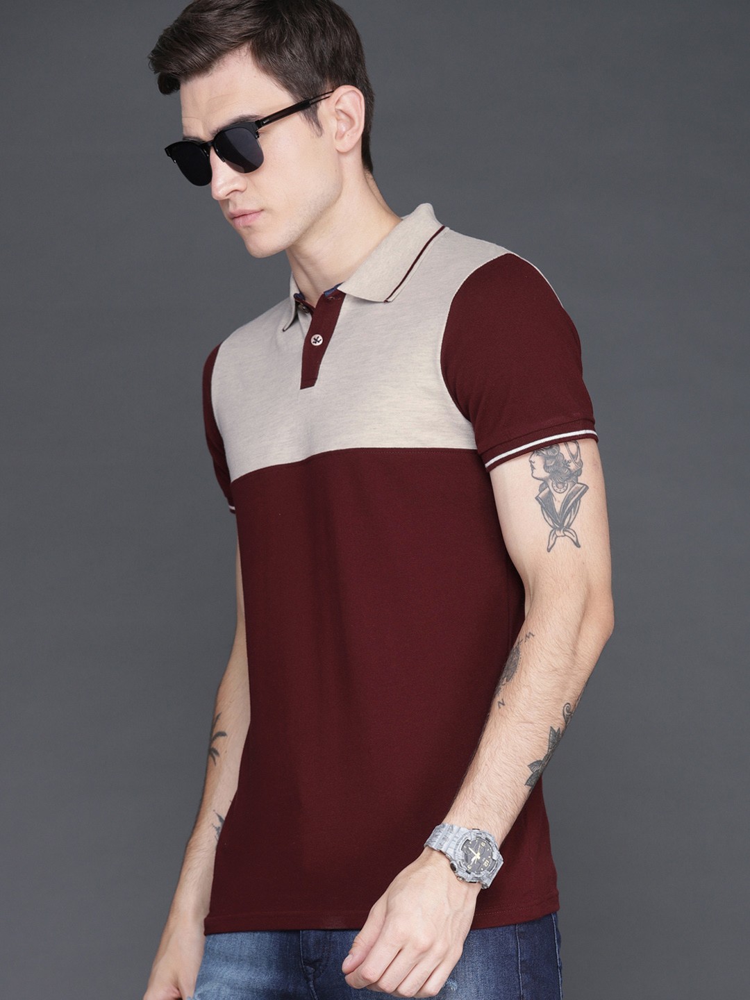 

WROGN Men Beige & Maroon Colourblocked Polo Collar T-shirt