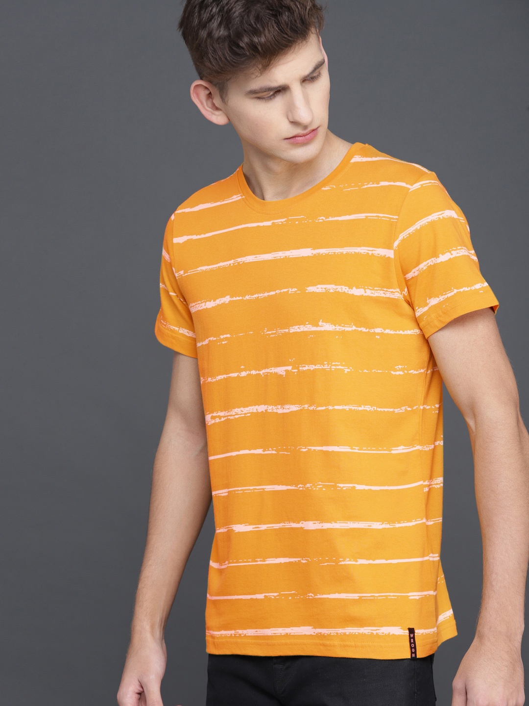 

WROGN Men Mustard Yellow White Striped Slim Fit Pure Cotton T-shirt