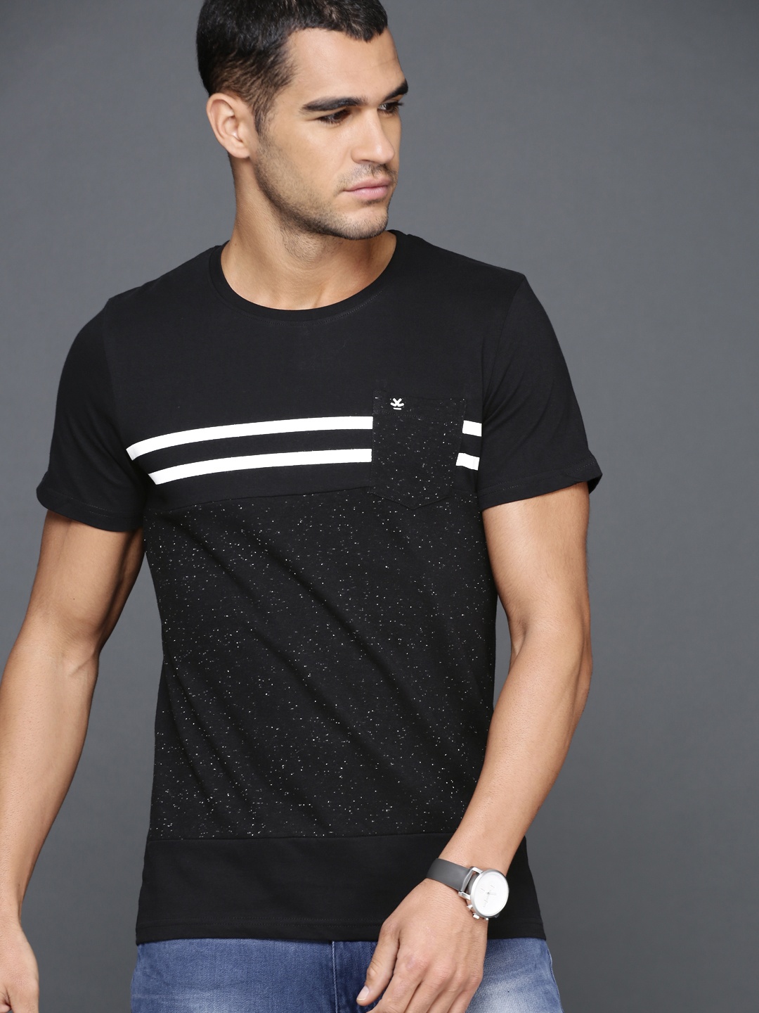 

WROGN Men Black Striped T-shirt