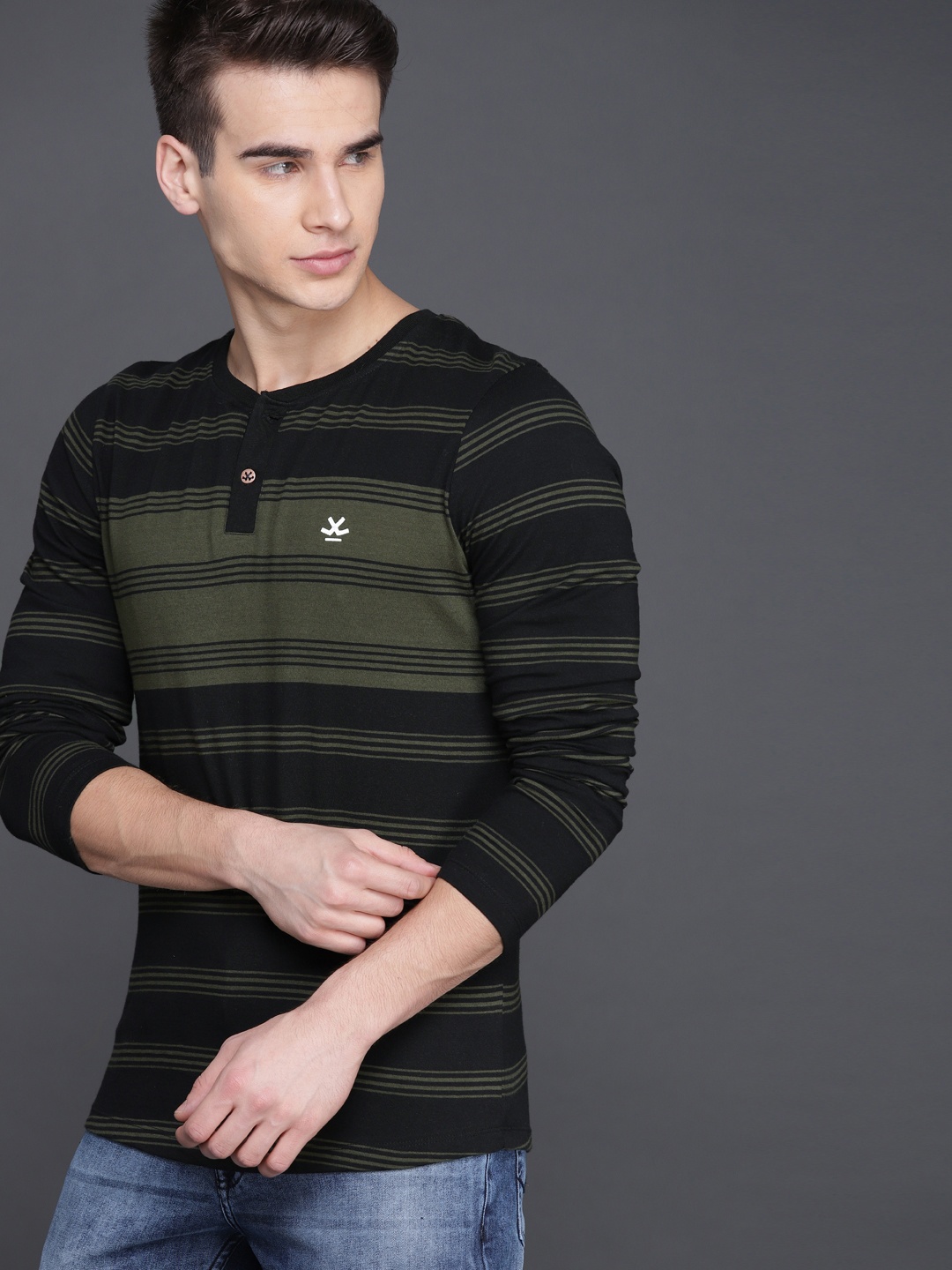 

WROGN Men Black Olive Green Striped Henley Neck Pure Cotton T-shirt