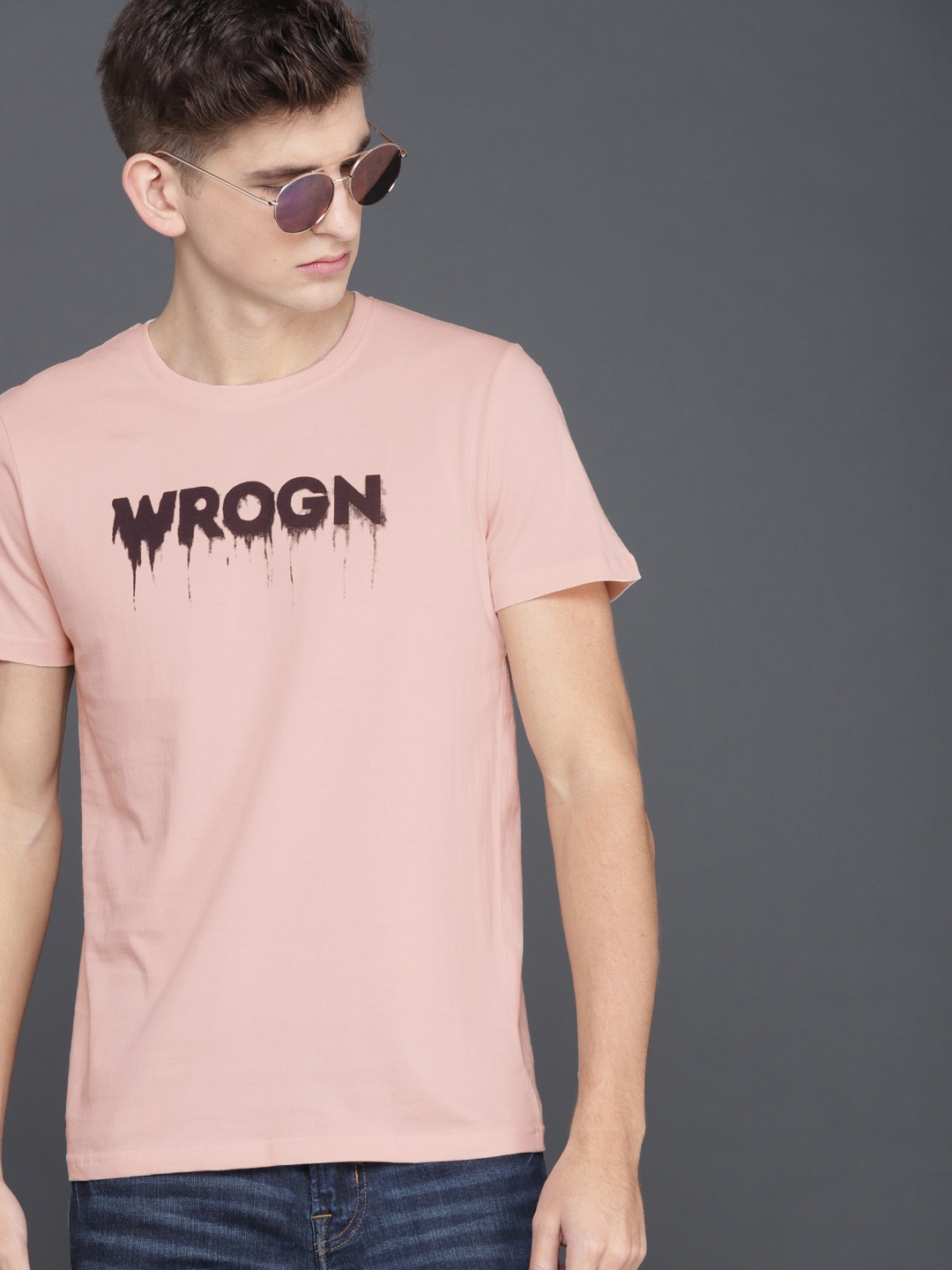 

WROGN Men Pink Printed Slim Fit Round Neck Pure Cotton T-shirt