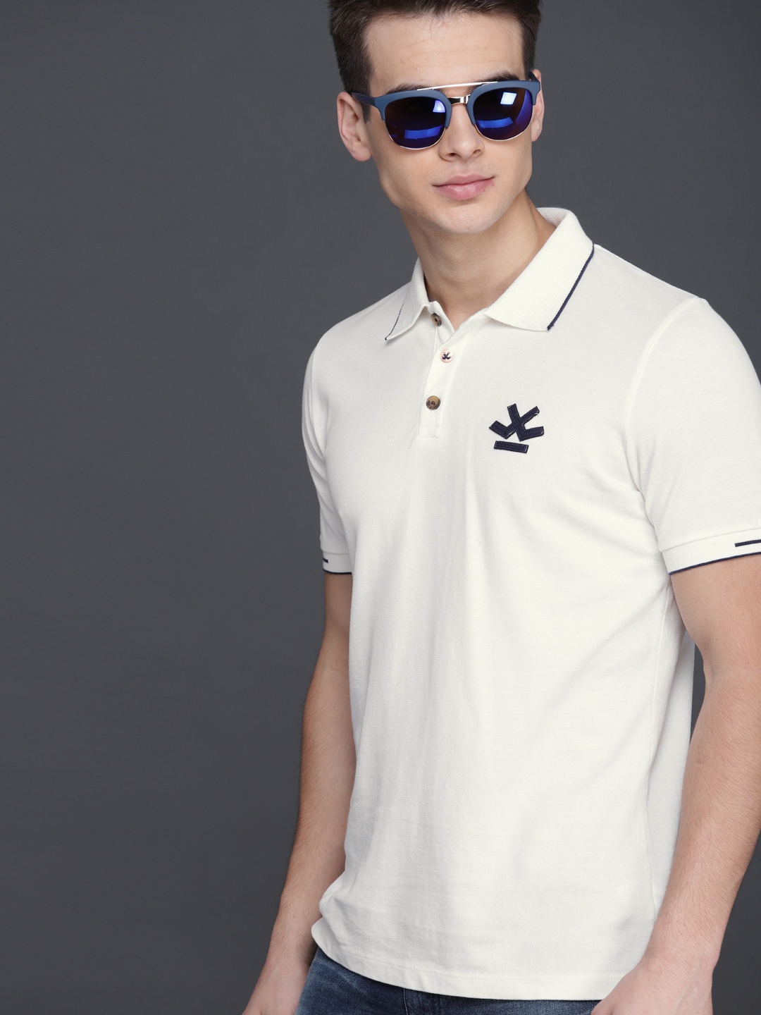 

WROGN Men Off-White Slim Fit Polo Collar Cotton Pure Cotton T-shirt