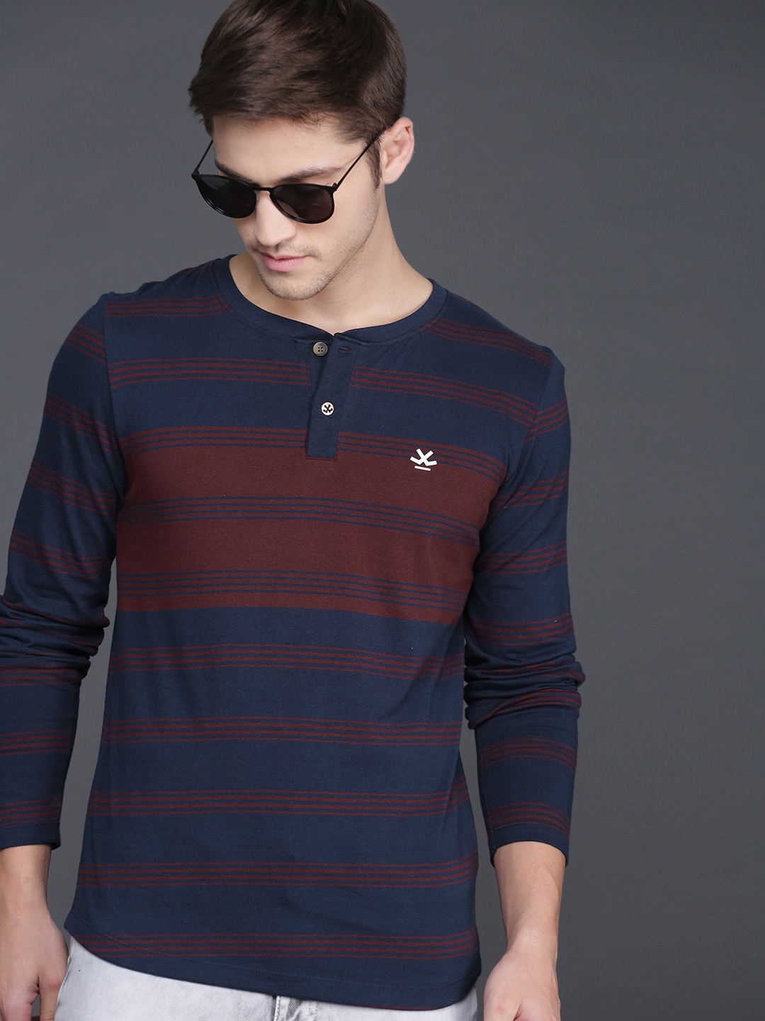 

WROGN Men Navy Blue Striped Henley Neck T-shirt