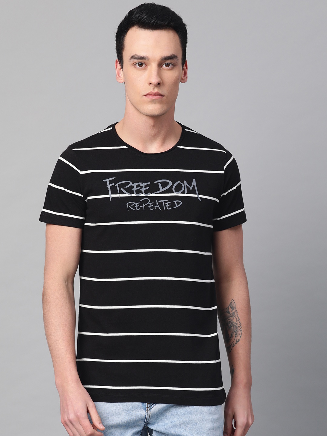 

WROGN Men Black Striped Round Neck T-shirt
