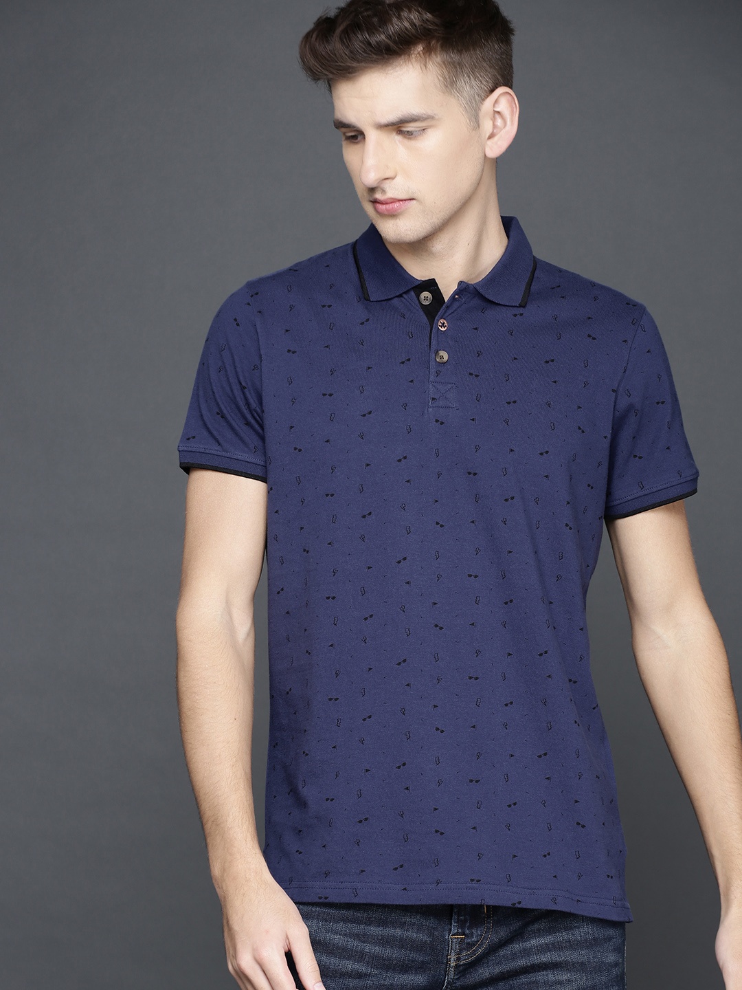 

WROGN Men Navy Blue Slim Fit Printed Polo Collar Pure Cotton T-shirt