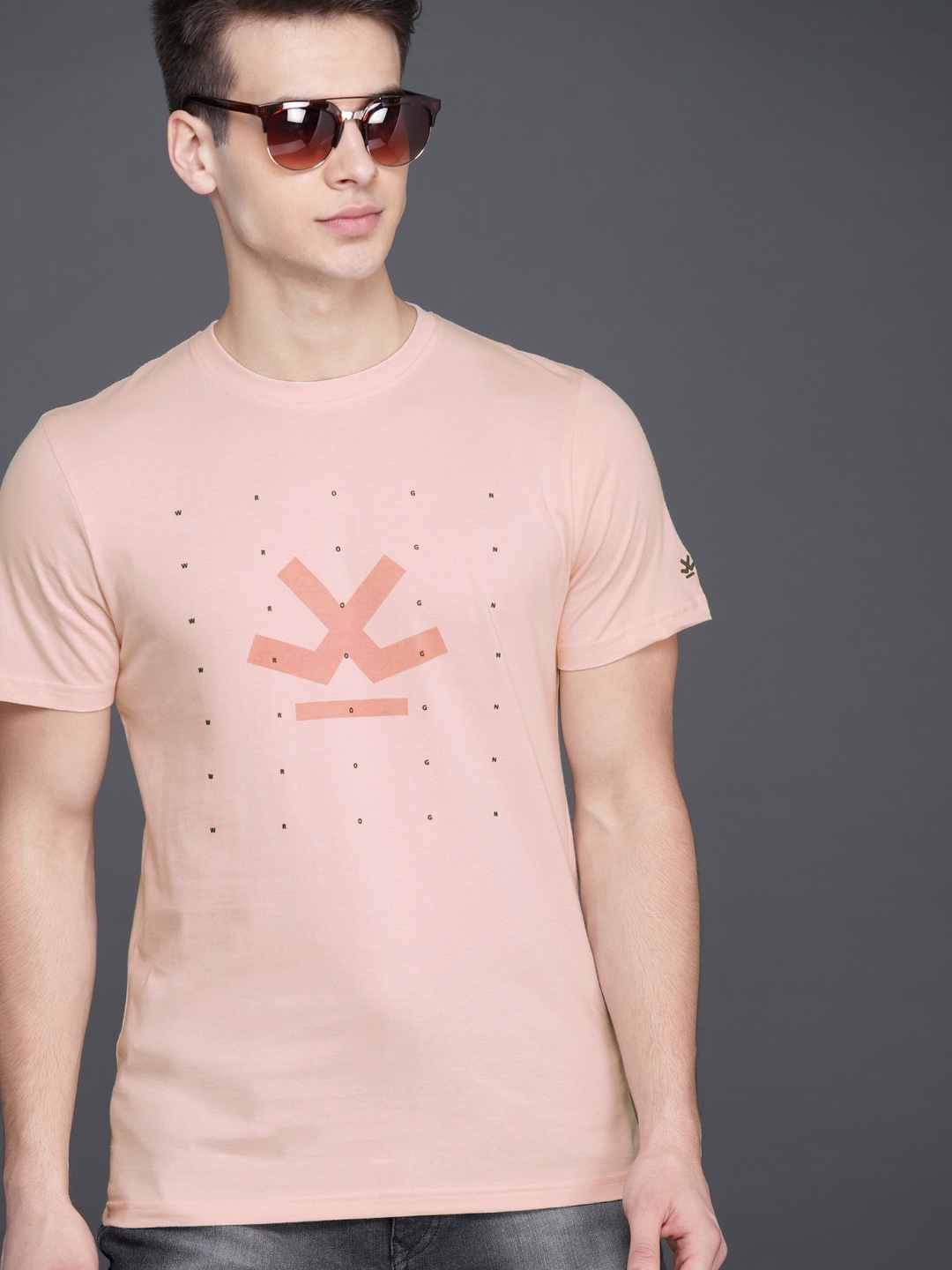 

WROGN Men Pink Printed Round Neck Pure Cotton T-shirt