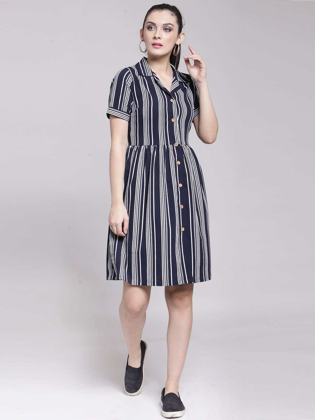 

plusS Women Navy Blue Striped Fit and Flare Dress