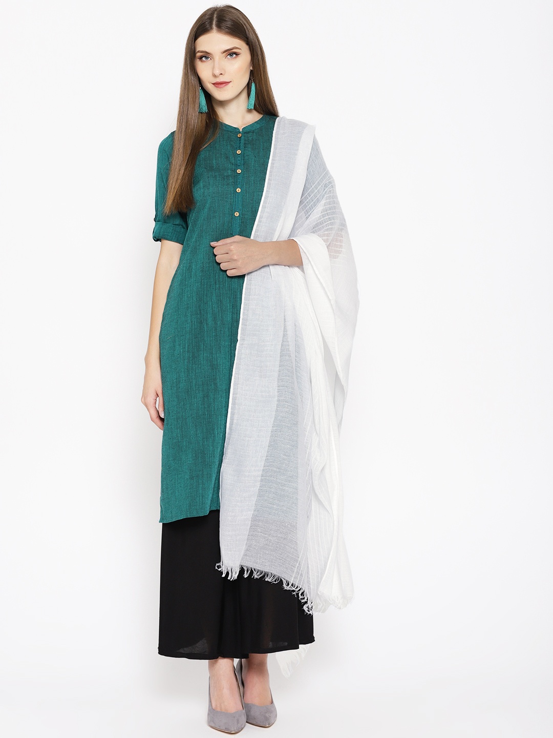 

AURELIA White Self-Striped Pure Cotton Dupatta