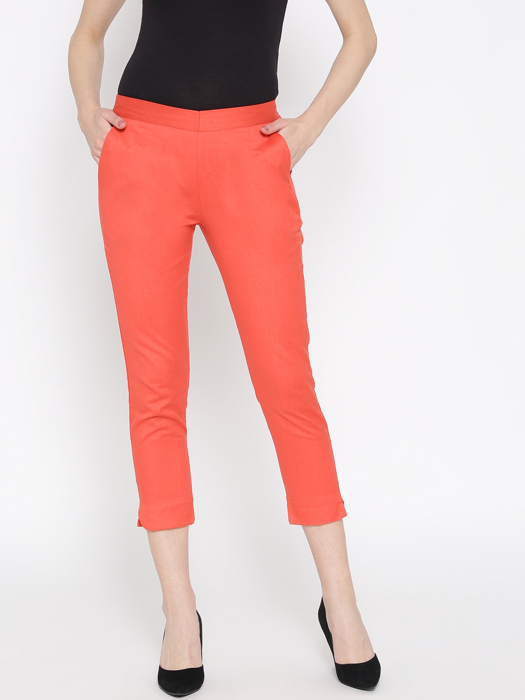 

AURELIA Women Coral Red Regular Fit Solid Cropped Trousers