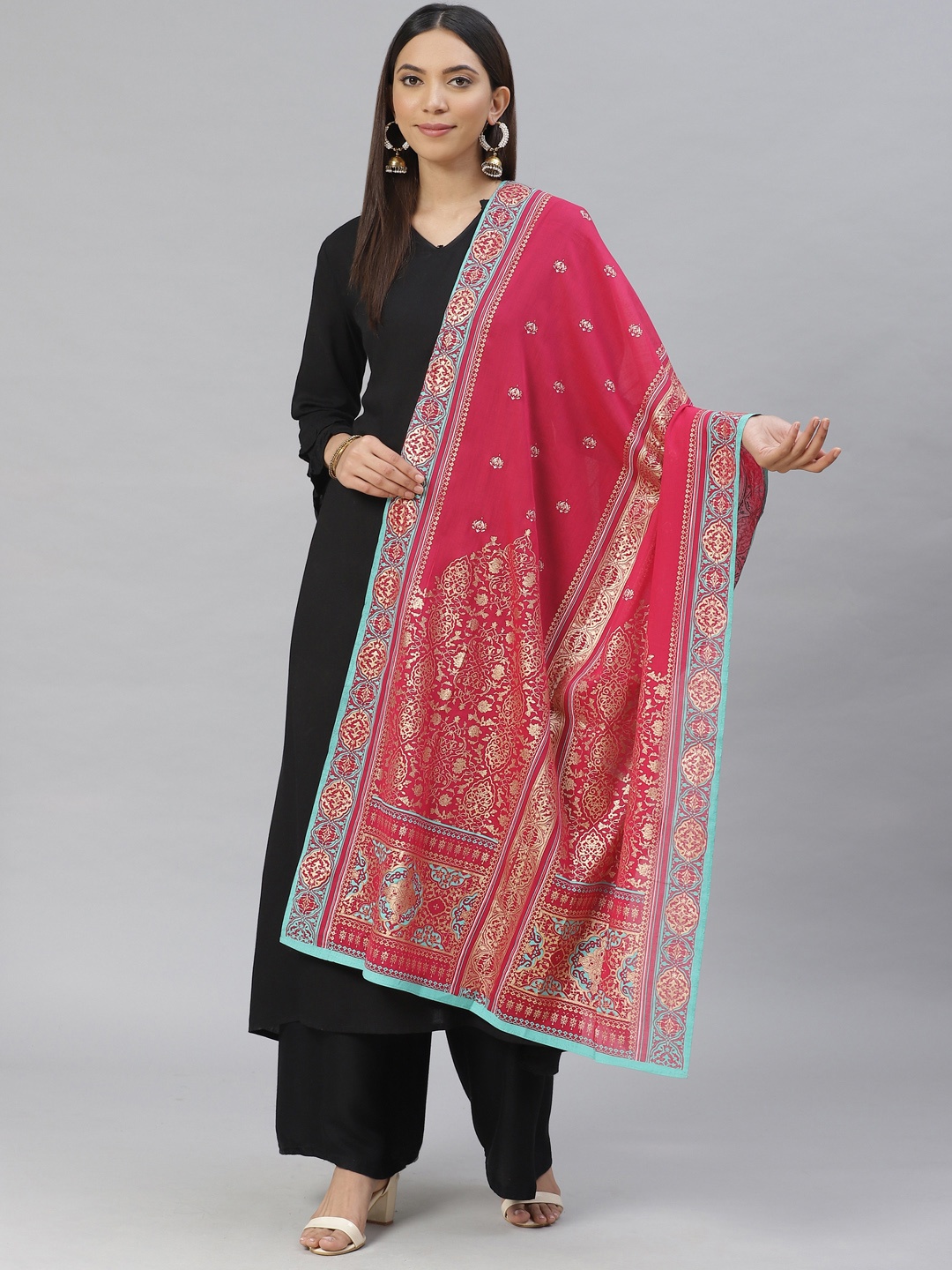 

AURELIA Pink & Golden Printed Pure Cotton Dupatta