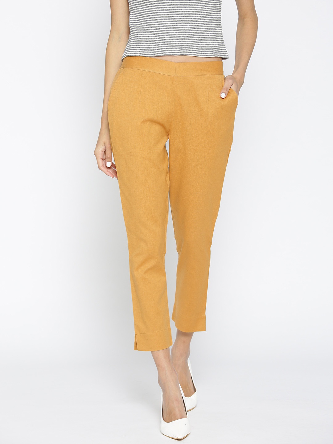 

AURELIA Women Mustard Yellow Regular Fit Solid Cropped Cigarette Trousers