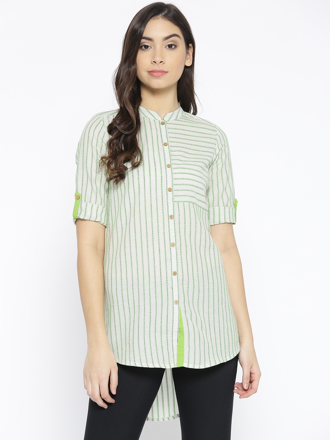 

AURELIA Women Off-White & Green Striped High-Low Pure Cotton Kurti