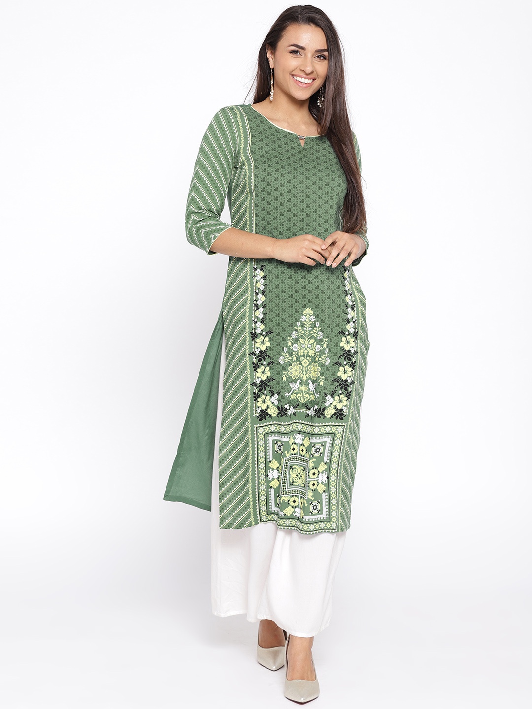 

AURELIA Women Green & White Printed Straight Kurta