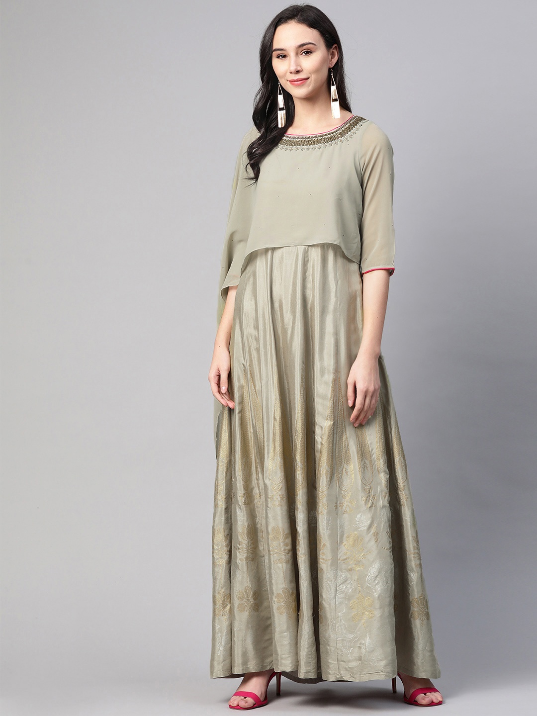 

WISHFUL by W Women Green & Golden Layered Printed Anarkali Kurta