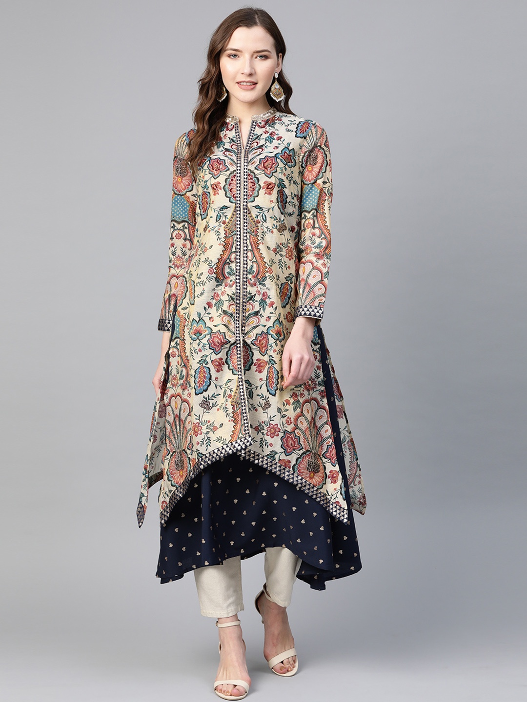 

WISHFUL by W Women Beige & Navy Blue Printed A-Line Layered Kurta