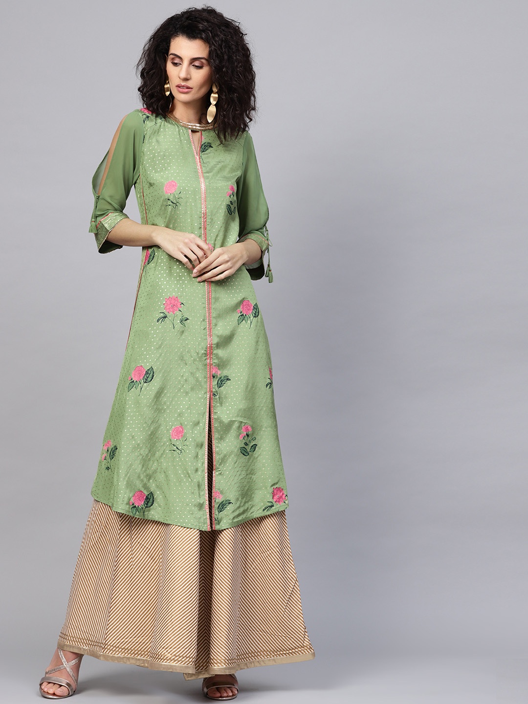 

WISHFUL by W Women Green & Pink Printed A-Line Kurta