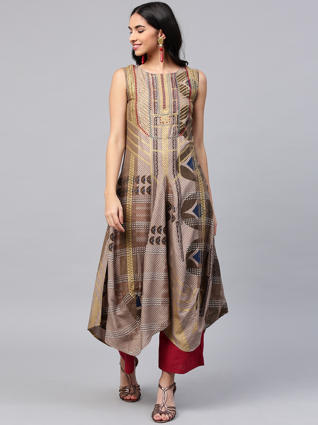 

W Women Brown Printed Asymmetric A-Line Kurta